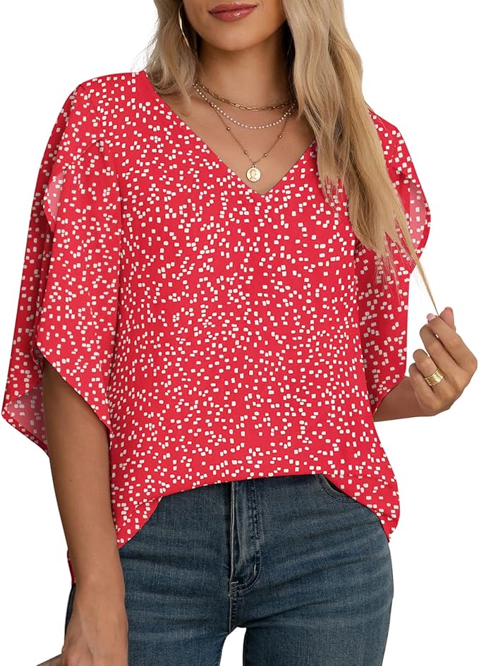 Jouica Women's Fall Casual 3/4 Ruffled Sleeve Chiffon Blouse Tops for Women