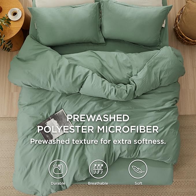 Bedsure Duvet Cover Queen Size with Fitted Sheet - 4 Pieces Prewashed Extra Soft Bedding Set, Includes 1 Duvet Cover 90x90 Inches with Zipper Closure, 2 Pillow Shams, 1 Fitted Sheet, Sage Green