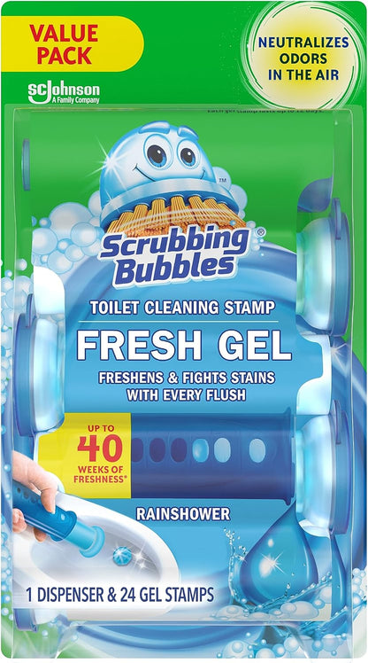 Scrubbing Bubbles Toilet Bowl Cleaning Stamps, Keeps Toilet Clean and Helps Prevent Limescale and Rings, Rainshower Scent, 1 Dispenser with 24 Stamps