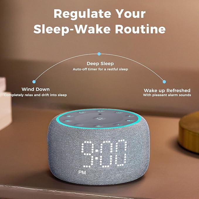 White Noise Machine Alarm Clock for Bedrooms - 5W Stereo Bluetooth Speaker - 24 Soothing Sounds - 9 Night Lights - Auto-Dimmable Digital Alarm Clock Sound Machine for Sleeping