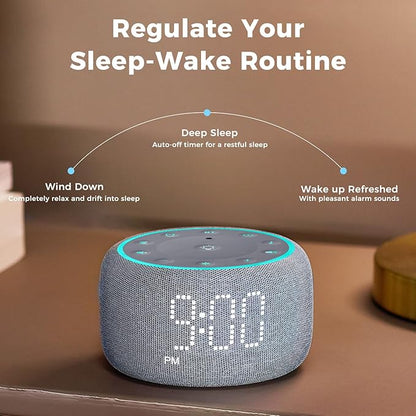White Noise Machine Alarm Clock for Bedrooms - 5W Stereo Bluetooth Speaker - 24 Soothing Sounds - 9 Night Lights - Auto-Dimmable Digital Alarm Clock Sound Machine for Sleeping