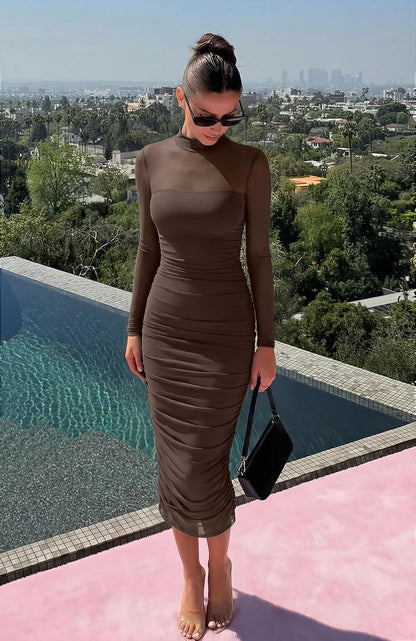 Square neck mesh dress - REORIA Women's Fall Mesh Sheer Long Sleeve Midi Ruched Bodycon Dress Mock Neck Elegant Evening Party Cocktail Dresses