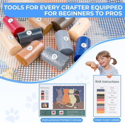 Latch Hook Rug Kit DIY Crochet Carpet for Beginners, Cats Patterns Pre-Printed Canvas Yarn Rug Hooking Kits, Creative Craft Home Decor Ideal for Learning Rug Making, Blue