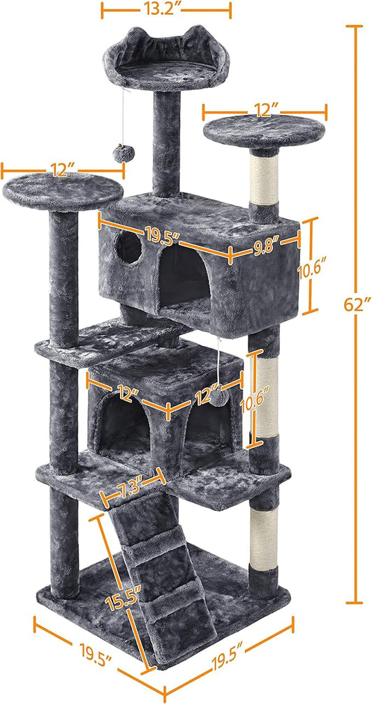 Yaheetech Cat tree tower, large plush multi-level condominium furniture with sisal scratching posts and 2 hanging balls gray color