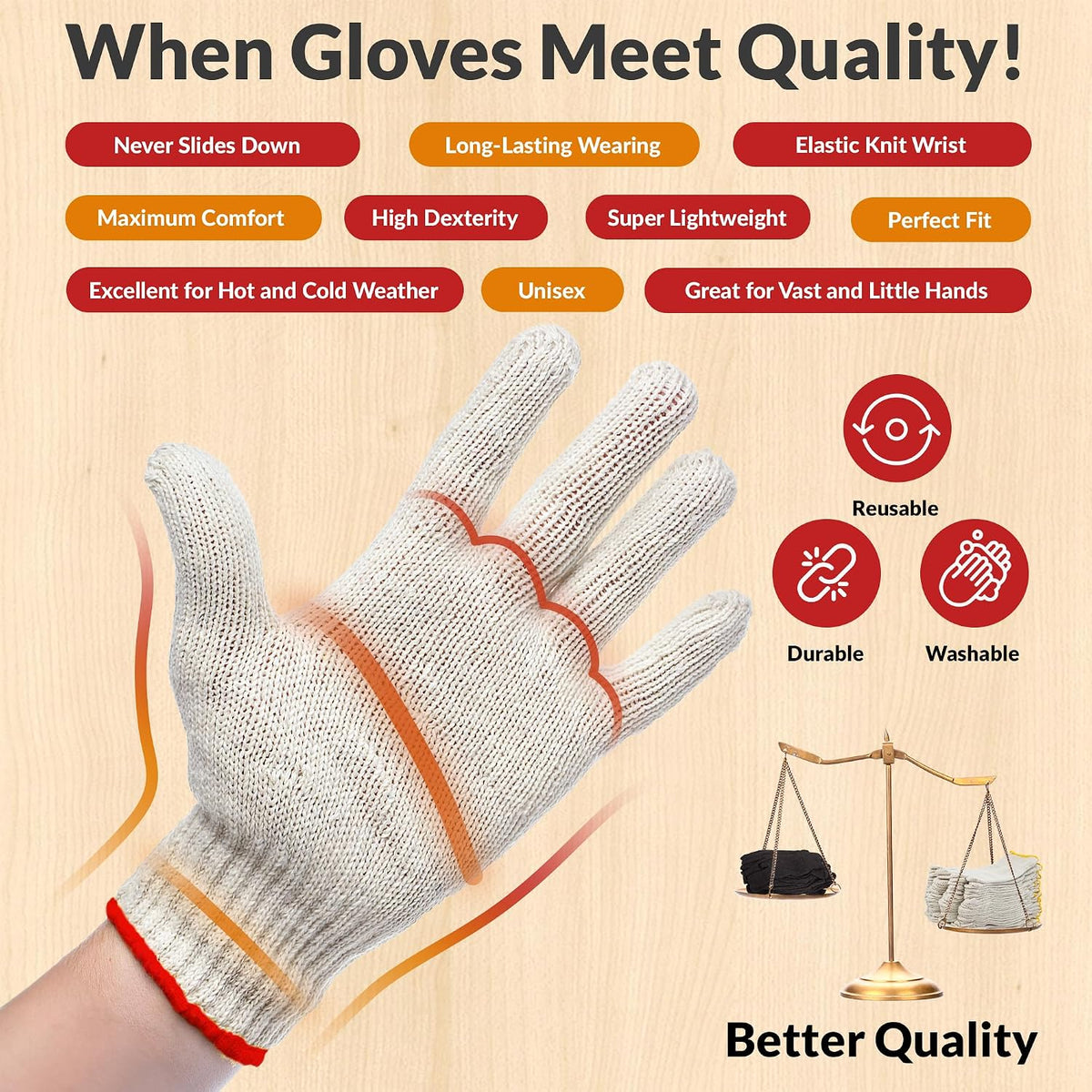 ABC PACK & SUPPLY String Knit Work Gloves, 9.5 Inch Large, Beige Cotton Polyester, Pack of 1 Pairs, Elastic Wrist with Red Edge Line