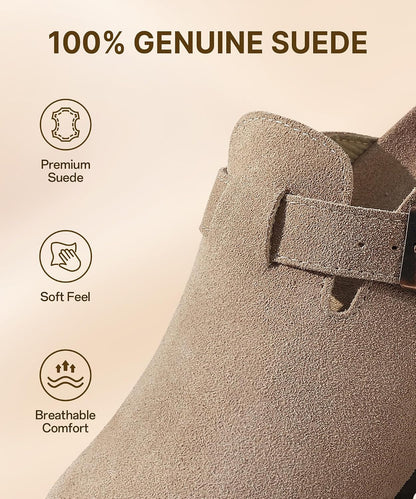 Genuine suede clogs with cork footbed, arch support, adjustable straps, and non-slip sole for comfortable all-day wear.