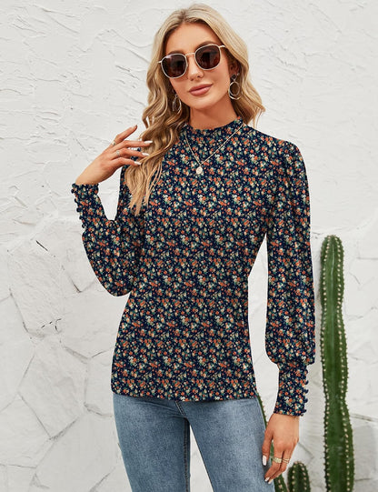 Qirno Womens Mock Neck Puff Long Sleeve Tops Casual Loose Solid Basic T Shirt Button Cuffs Pullovers Shirts Blouse No Buttons On The Sleeves But With Ruffles