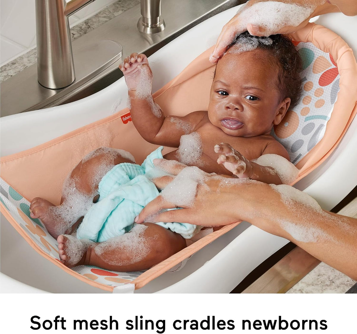 The Color is Green.Fisher-Price™ Baby to Toddler Bath 4-in-1 Sling 'N Seat Tub with Removable Infant Support and 2 Toys, Summer Blossoms