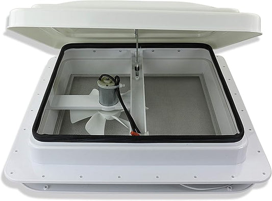 14" RV trailer Roof vent complete 12 volt FAN w/white lid and interior garnish
