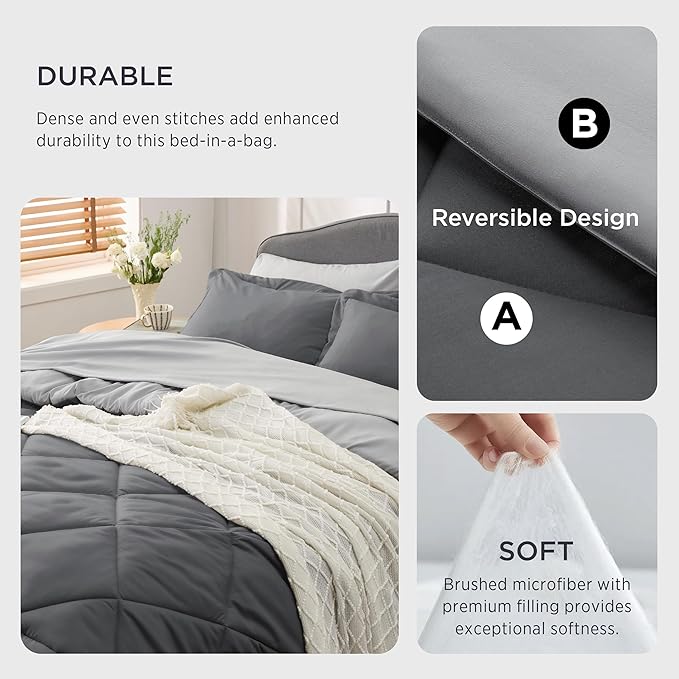 Bedsure Queen Comforter Set - 7 Pieces Reversible Dark Grey Bedding, Queen Size Bed Set for All Seasons, Bed in a Bag with Down Alternative Comforter, Sheets, Pillowcases  Shams