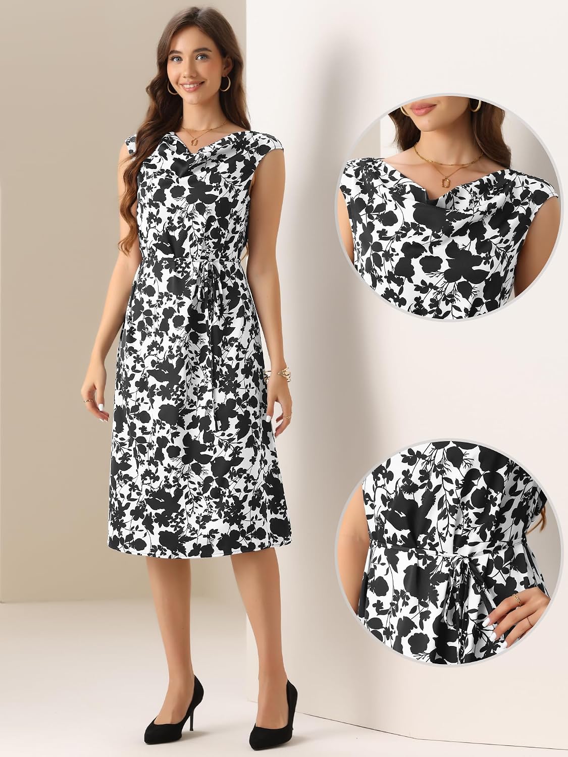 Allegra K Elegant Floral Dress for Women's Vintage Cowl Neck Cap Sleeve Cocktail Tie Waist Shift Midi Dress