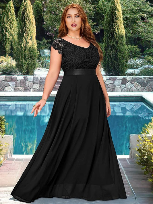 Miusol Women's Plus Size Cap Sleeve V Neck Floral Lace Ruffle Elegant Bridesmaid Evening Maxi Dress