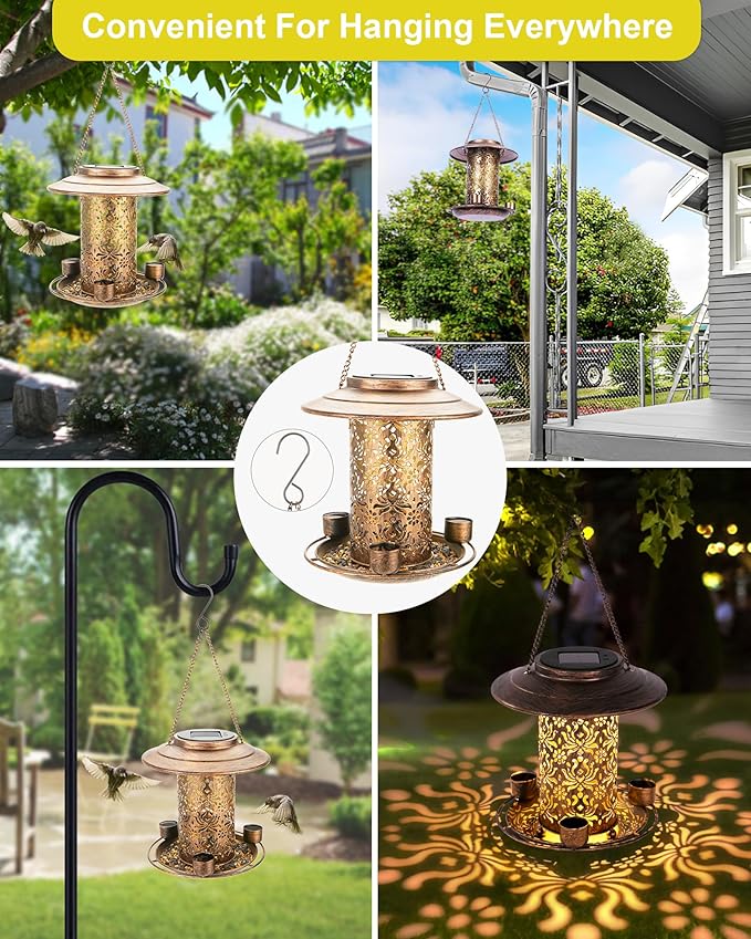 Solar Bird Feeders for Outdoors, Metal Hanging Bird Feeder with 3 Water Cups,Rust Resistant, Solar Garden Lantern for Outdoors Decor,The Perfect Choice for Gift(2.5LB)