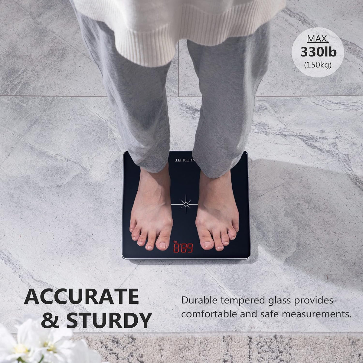 Digital Scale for Body Weight, Precision Bathroom Weighing Scale Step-On Technology High Capacity - 330 lb, LED Display with High Precision Measurements, Black