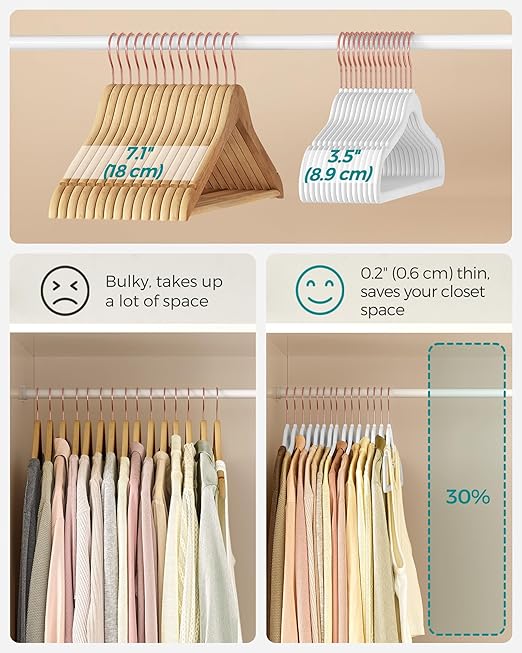 SONGMICS Velvet Hangers 100 Pack, Non-Slip Hangers with Rose Gold-Colored Swivel Hooks, Slim Space-Saving Hangers, Velvet Hangers for Closet, Heavy-Duty Hangers, White UCRF026W100