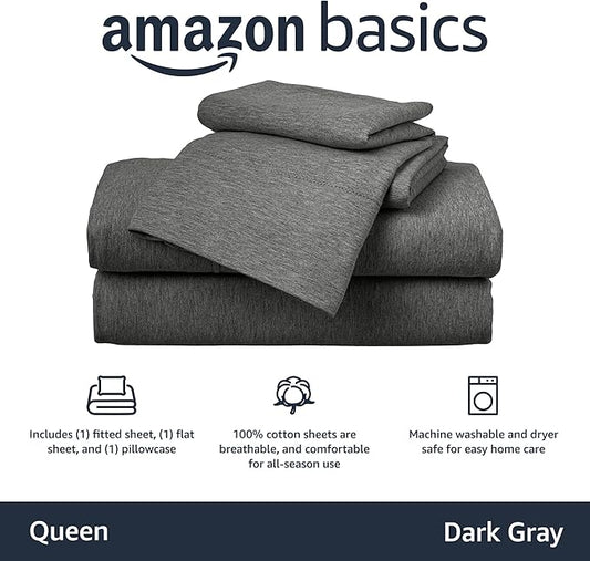 Basics 4 Piece Bed Sheet Set, 100 Cotton Jersey, Includes Super Soft, Flat and Fitted Sheets, Pillowcase, Queen, Dark Gray, Solid