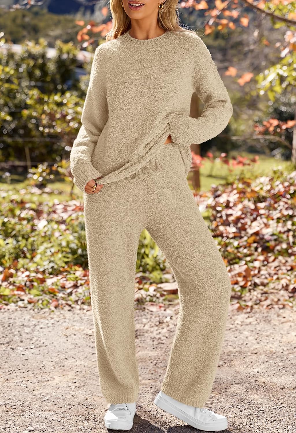 MEROKEETY Womens Fuzzy Fleece Long Sleeve 2 Piece Loungewear Outfits Sweater Pants Pajama Sets