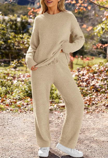 MEROKEETY Womens Fuzzy Fleece Long Sleeve 2 Piece Loungewear Outfits Sweater Pants Pajama Sets