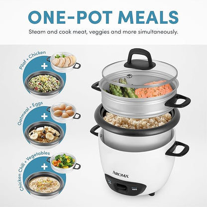 Aroma Housewares 6-Cup (Cooked) (3-Cup Uncooked) Pot Style Rice Cooker and Food Steamer (ARC-743-1NG), White
