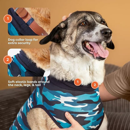 Suit for Dogs - Post-Surgery Suit with Hold-Up System - Breathable Cone-Free Option for Spay, Neuter, Skin Issues - XS Camouflage - Neck to Tail 15.7-17. Inches, 18-24 Inches Chest