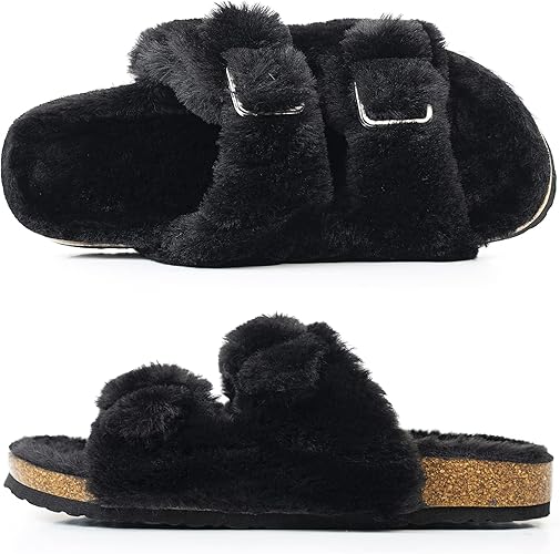 FITORY Womens Open Toe Slipper with Cozy Lining,Faux Rabbit Fur Cork Slide Sandals