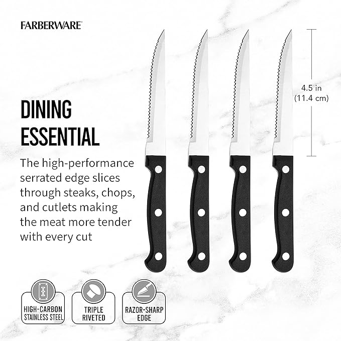 Farberware Stamped Triple Rivet High Carbon Stainless Steel Steak Knife Set, 4-Piece, Black