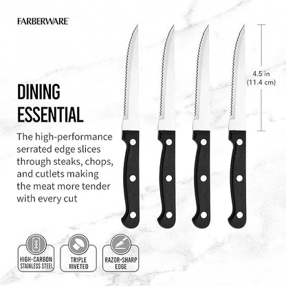 Farberware Stamped Triple Rivet High Carbon Stainless Steel Steak Knife Set, 4-Piece, Black
