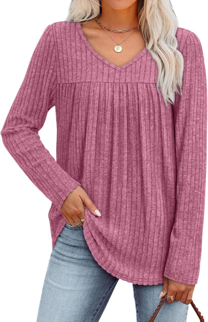 WIHOLL Long Sleeve Shirts for Women V Neck Lightweight Sweaters Casual Tunic Tops Outfits Fall Fashion Spring Clothes 2026.