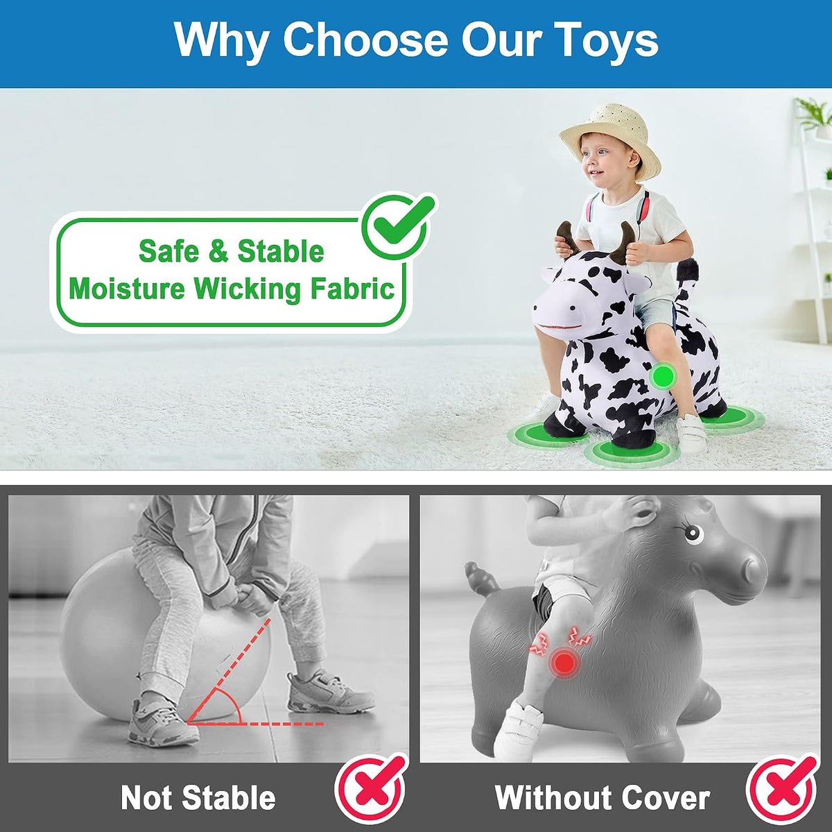 iPlay, iLearn Bouncy Pals Hopping Cow Horse, Toddler Girl Boy Inflatable Bouncing Animal Hopper Toy, Outdoor Indoor Plush Ride on Bouncer, Baby Birthday Gift 18 Month 2 3 4 Year Old Kid - Cow