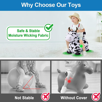 iPlay, iLearn Bouncy Pals Hopping Cow Horse, Toddler Girl Boy Inflatable Bouncing Animal Hopper Toy, Outdoor Indoor Plush Ride on Bouncer, Baby Birthday Gift 18 Month 2 3 4 Year Old Kid - Cow
