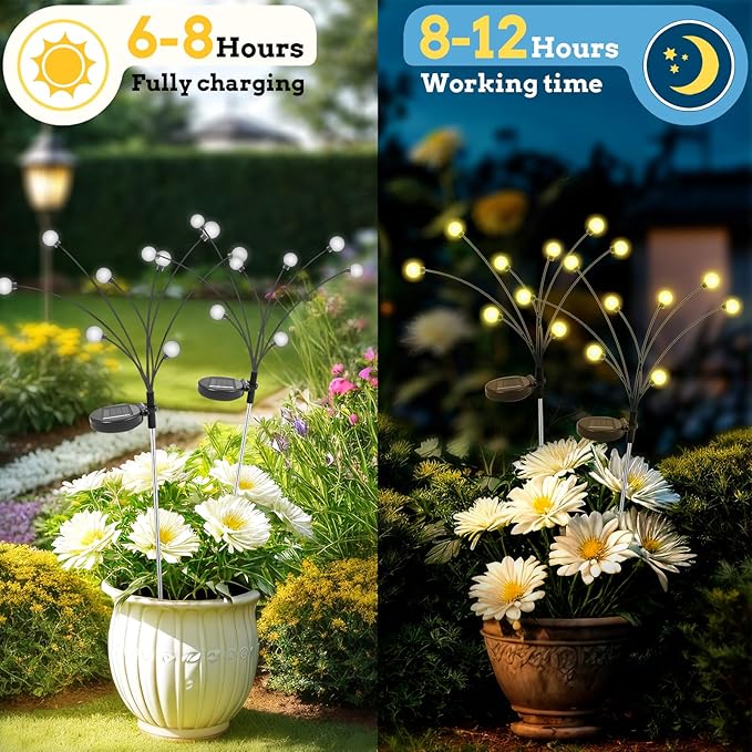 Solar Garden Lights Outdoor: 32 LED Warm White Swaying Firefly Light 4 Pack - Waterproof Landscape Lighting Decorations for Yard Patio - Gardening Gifts for Women Grandma
