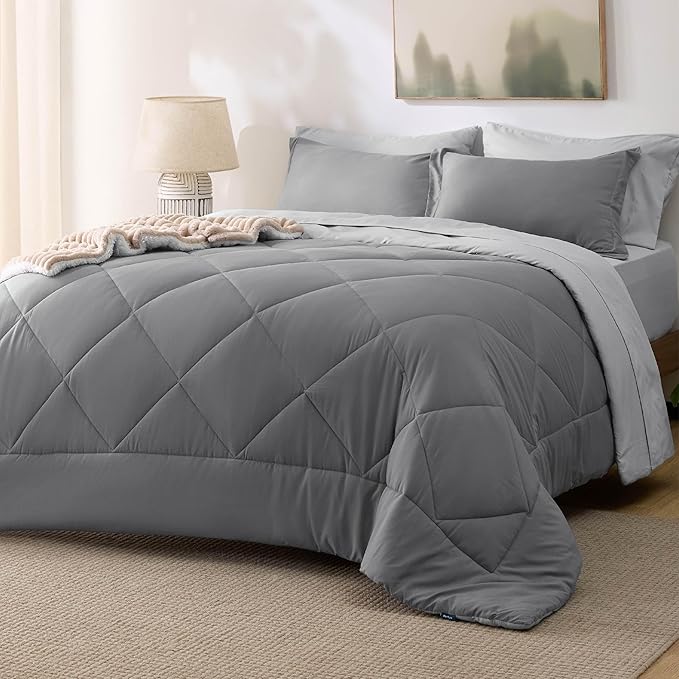 Bedsure Full Size Comforter Set - 7 Pieces Reversible Grey Bedding, Full Size Bed Set for All Seasons, Bed in a Bag with Down Alternative Comforter, Sheets, Pillowcases  Shams