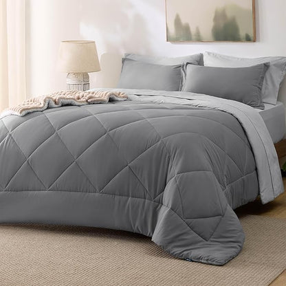 Bedsure Full Size Comforter Set - 7 Pieces Reversible Grey Bedding, Full Size Bed Set for All Seasons, Bed in a Bag with Down Alternative Comforter, Sheets, Pillowcases  Shams