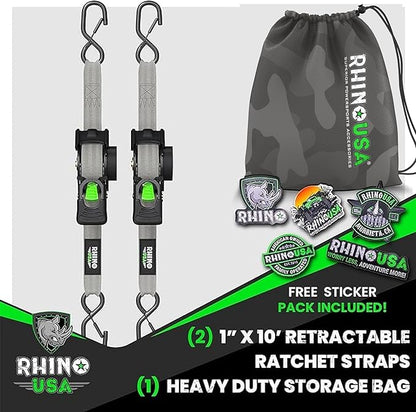 Rhino USA Retractable Ratchet Straps (2-Pack) - 1 Inch x 10 Feet (1,209lb Break Strength) - Heavy Duty Auto Self Retracting Tie Down Straps for Truck, Cargo Trailer, Motorcycle, Rad & More - Gray