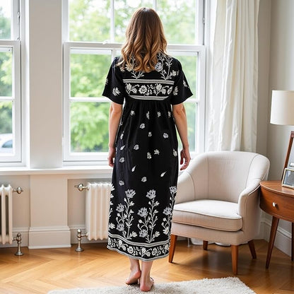 Loungees Short Sleeve Black Monotone Lounger House Dress Caftan - 3 Button Bib Yoke and Pockets
