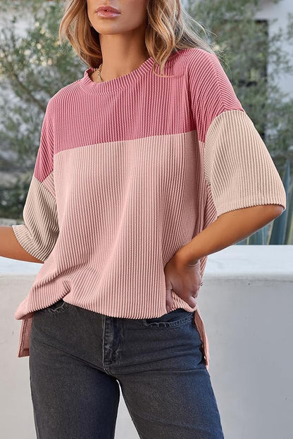 Women's Pink Color Block Half Sleeve Top with Ribbed Side Slits