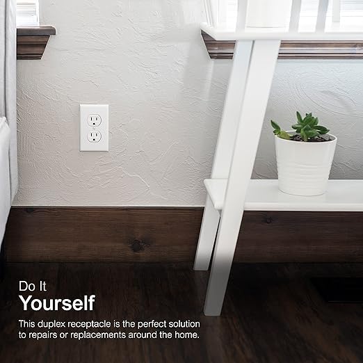 GE UltraPro Duplex Heavy-Duty Receptacle, White, Wall Outlet, Reinforced Yoke, Self-grounding Clip, 3 Prong, Supports 15A, UL Listed, 42157
