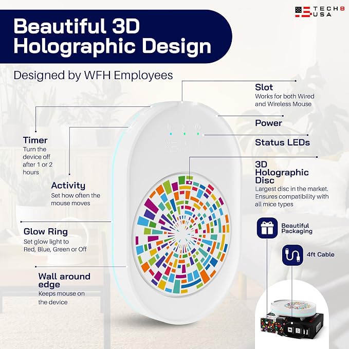 TECH8 USA Undetectable Mouse Mover Jiggler with Ambient Glow Ring and Hologram Disc for Laptops, PC, No Software, Random Movement, Designed, Patented and Trademarked in USA - 3D Hologram Glass