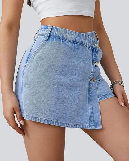 Women's High Waisted Stretchy Denim Skort Casual Asymmetrical Jean Skorts Mini Skirts with Shorts for Summer.