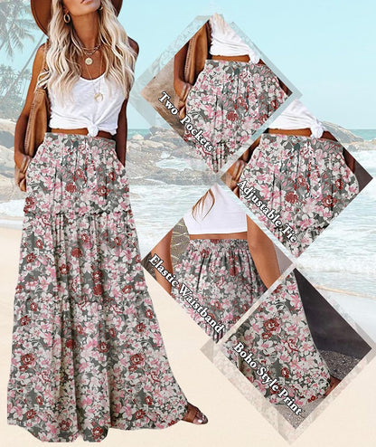 EARKOHA Womens Boho Maxi Skirt 2026 Summer Cruise Casual High Waist Tie Flowy Long Skirt with Pockets For Beach Vacation