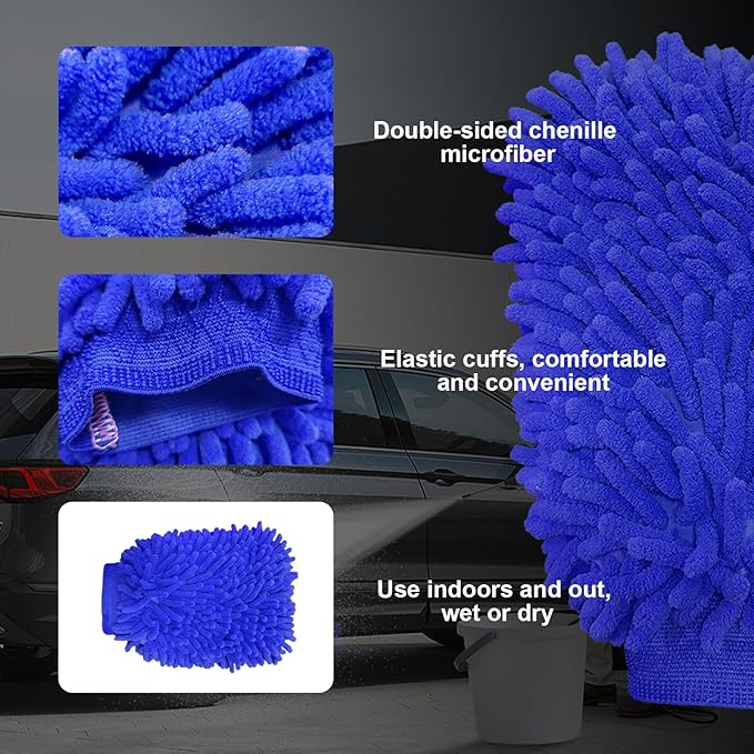 Ziciner Premium Microfiber Wash Mitt, Soft Scratch-Free Double-Sided Chenille Washing Gloves Perfect for Car Washing and Detailing (Blue, Large)