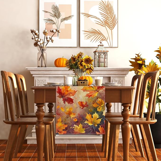 Maple Leaves Fall Table Runner,Autumn Thanksgiving Harvest Festival Farmhouse Decorations and Supplies for Home Kitchen Dining Room Table-13×72''