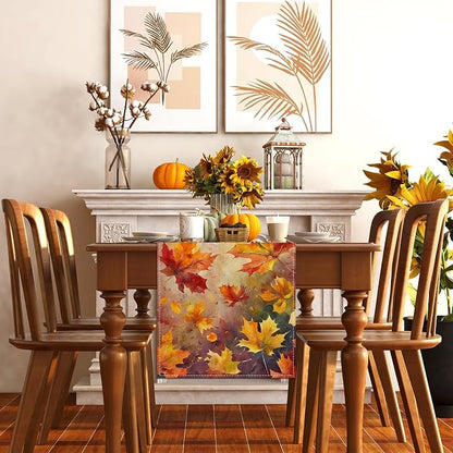 Maple Leaves Fall Table Runner,Autumn Thanksgiving Harvest Festival Farmhouse Decorations and Supplies for Home Kitchen Dining Room Table-13×72''