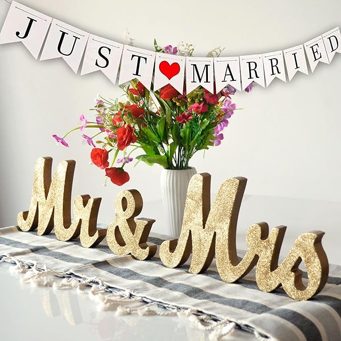 Mr and Mrs Tabletop Wedding Decoration - Wooden Freestanding Letters for Photo Props - Golden Glitter Decor Gift for Bridal Shower Anniversary Party