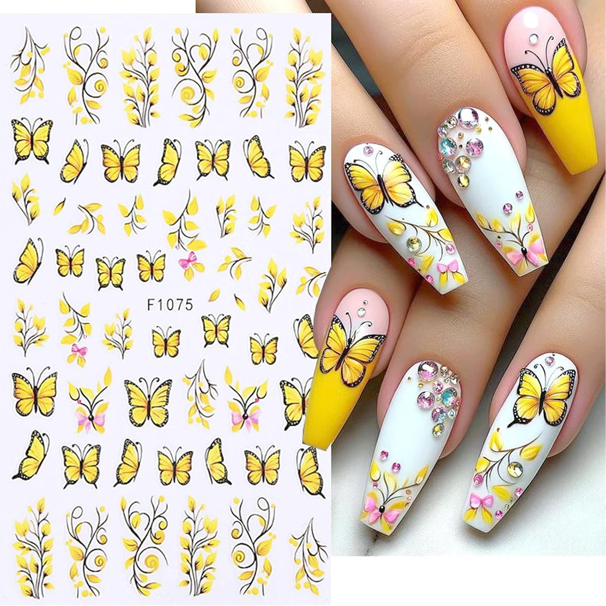 Yellow Bee and Butterfly 3D Self-Adhesive Nail Sticker Summer Fall Winter Nail Art Sticker for Women Girls Manicure Decor