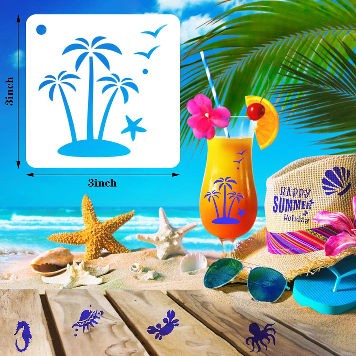 Augshy Beach Stencils, 56 Pack Summer Beach Wood Hawaiian Ocean Life Stencils for Scrapbooking Drawing Wall Floor Decor DIY Rock Painting Art Projects (3 Inch)