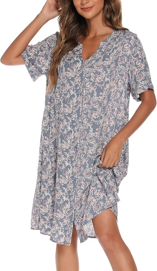 YOZLY House Dress Women Cotton Duster Robe Short Sleeve Housecoat Button Down Nightgown