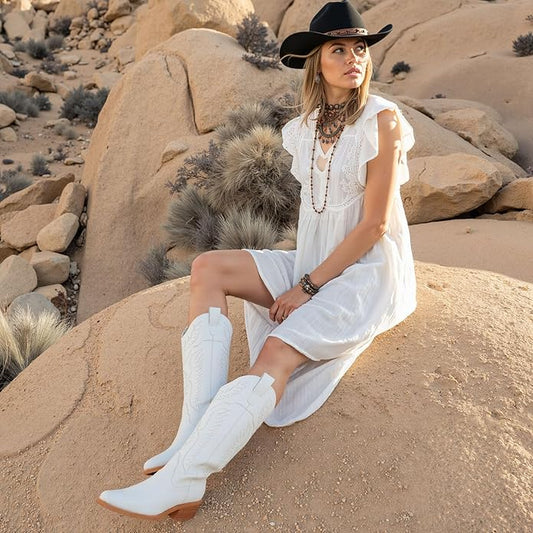 Cowboy Boots for Women Mid Calf Womens Cowgirl Boots for Girls Pointed Toe Slip on Chunky Heel Western Boot