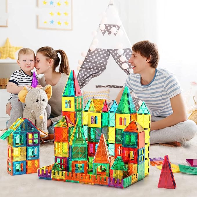 Ziggzo Magnetic Tiles for Kids Ages 4-8 | 100 Magnet Tiles with Storage Bag and 2 Cars | STEM Building Blocks for Creative Learning