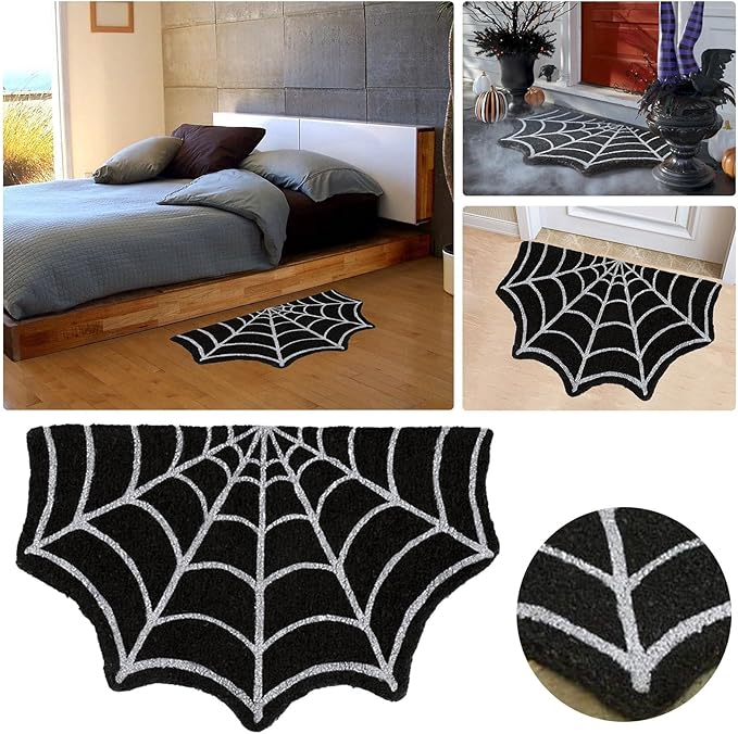 Spider Web Indoor Halloween Rug Black Kitchen Rugs Goth Bath Mat Spooky Non Slip Doormats Fall Thanksgiving Rugs for Indoor Outdoor Entrance (Black)